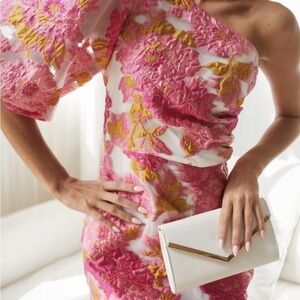 Reverse One-Shoulder Pink and Yellow Floral Embroidered Dress